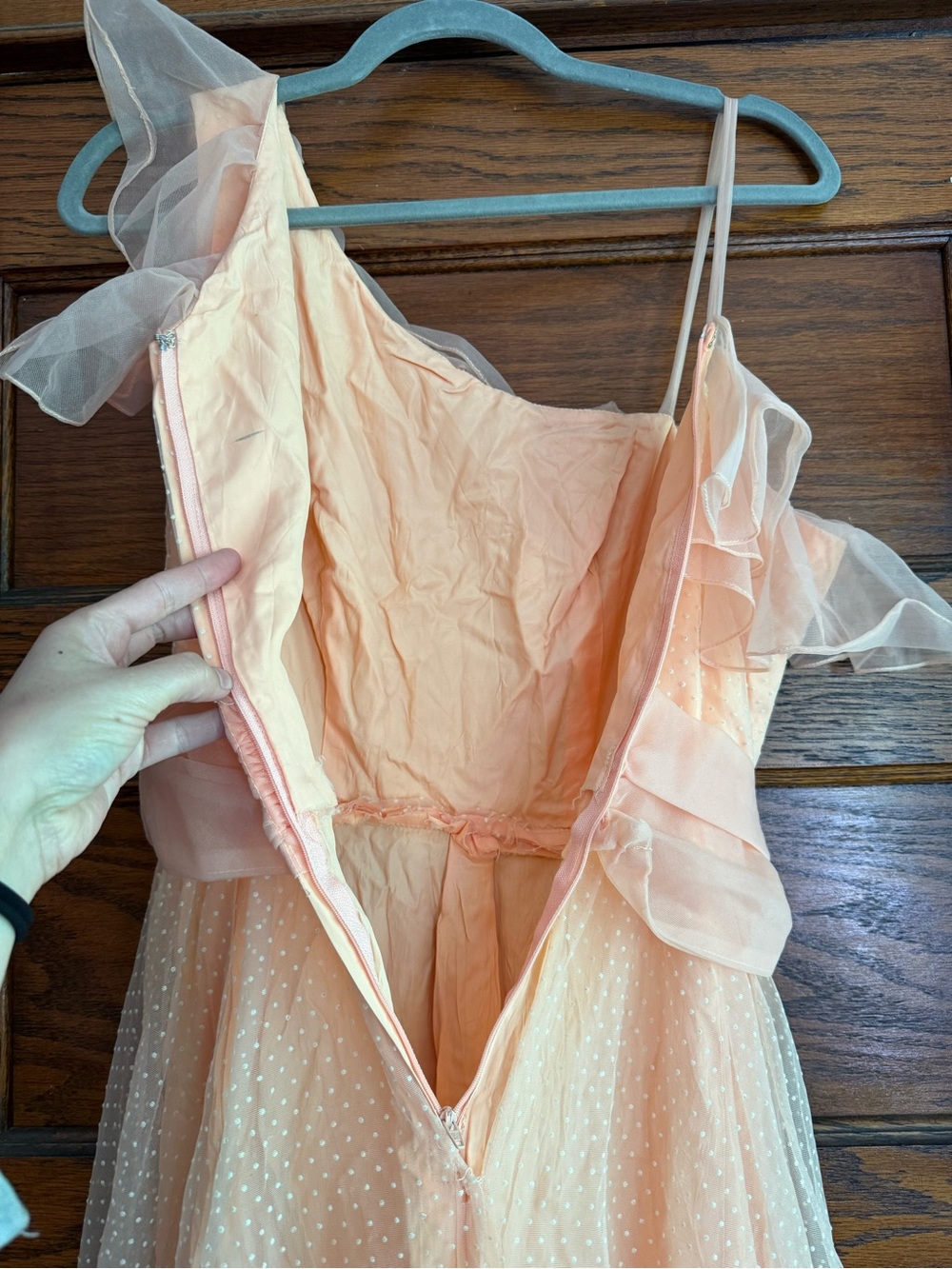 VINTAGE STUNNING Ruffle Asymmetrical Top Maxi Gown Peaches n Cream Swiss Dot 4 - Picture 9 of 12